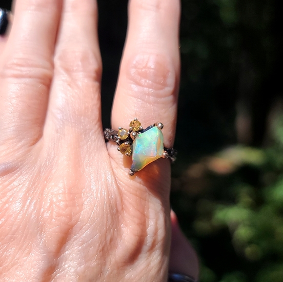 Raw Fire Opal & citrine Sterling & Rhodium ring sz 8.5 - Picture 4 of 8